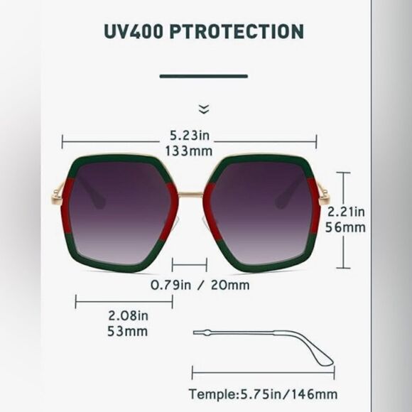 New Fashion Oversized Square Sunglasses For Women Men Vintage BigFrame Green/Red - Picture 7 of 16